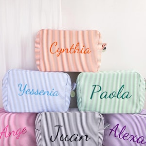 Personalized Embroidered Name Seersucker Makeup Bag, Bridal Party Gifts, Embroidered Makeup, Travel makeup Bag, Christmas Gift, Gift for Her