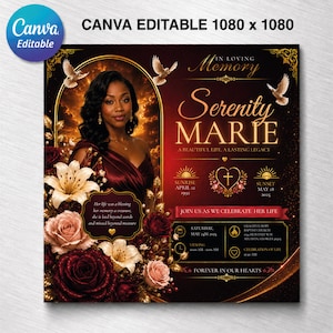 May include: A funeral program template featuring a portrait of a person in a maroon dress, surrounded by red and white roses and lilies. The design includes gold text reading In Loving Memory, Serenity MARIE, and details for a celebration of life.
