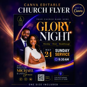 Op de afbeelding: Een digitale kerkflyer-sjabloon met de tekst GLORY NIGHT, Worship, Word, Breakthrough, May 24, Sunday Service, 9:30 AM en Pastor Michael & Lady Grace. Het ontwerp bevat een portret van een koppel, een QR-code en gouden accenten.