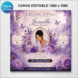 May include: A purple funeral program template featuring a central oval portrait of a person, surrounded by lavender roses and butterflies. The text includes Celebrating, Janelle Marie Brown, Sunrise October 25, 1988, Sunset August 20, 2026, and The Riverside Church.