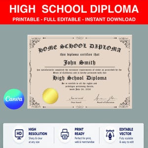 Puede incluir: Un diploma de escuela secundaria imprimible con el texto "HIGH SCHOOL DIPLOMA" en la parte superior. El diploma incluye el texto "HOME SCHOOL DIPLOMA" y "John Smith". También tiene un sello dorado y bordes decorativos.