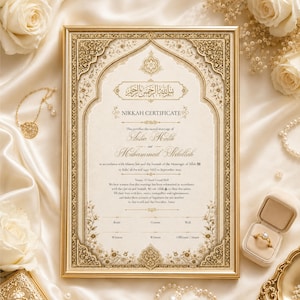Pode incluir: Um certificado de casamento Nikkah retangular numa moldura dourada com bordas de filigrana dourada, caligrafia árabe e texto impresso incluindo os nomes Aisha Malik e Muhammad Abdullah, sobre cetim creme com rosas brancas.