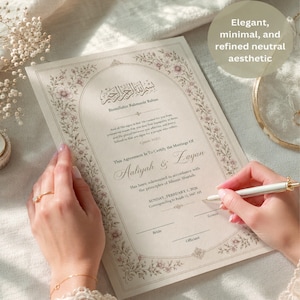 Könnte beinhalten: Eine cremefarbene islamische Heiratsurkunde mit einem bogenförmigen Blumenrand, arabischer Kalligrafie und englischem Text, einschließlich der Namen Aaliyah und Zayan, datiert auf Sonntag, den 1. Februar 2026, mit leeren Unterschriftszeilen.