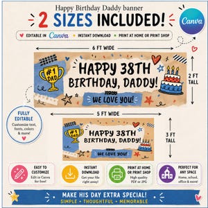 May include: A digital Happy 38th Birthday Daddy banner template featuring two size options: 6 feet wide by 2 feet tall and 5 feet wide by 3 feet tall. The design includes a gold trophy, a blue and red cake, and the text Happy 38th Birthday, Daddy!