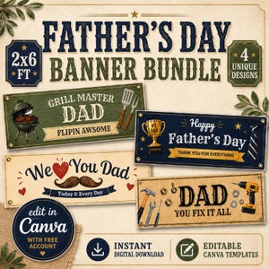 May include: A Father's Day banner bundle featuring four unique 61x183 cm designs. The templates include graphics of a grill, a trophy, a mustache, and tools with text like Grill Master Dad, Happy Father's Day, We Love You Dad, and Dad You Fix It All.