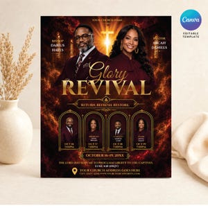 May include: A church event flyer titled Glory Revival featuring portraits of Bishop Darius Hayes and Pastor Micah Daniels against a fiery background with a glowing cross. It includes four smaller portraits with dates, times, and the text Luke 4:18.