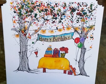 Happy Birthday! Assorted Notecard set, heavy cardstock, Boxed Set, whimsical trees, barn, tent, poppies