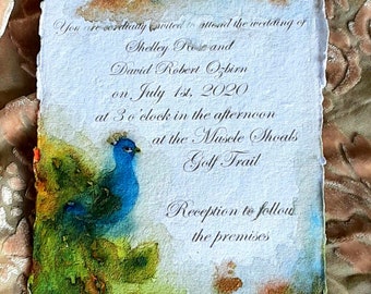 Peacock Wedding Invitations, turquoise  and gold, custom wedding invitation, hand painted, handmade paper, watercolor, 5 x 7