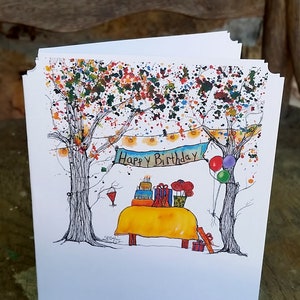 Happy Birthday! Boxed Assorted Notecard set, heavy cardstock, Boxed Set, whimsical trees, barn, tent, poppies