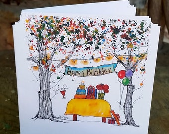 Happy Birthday! Boxed Assorted Notecard set, heavy cardstock, Boxed Set, whimsical trees, barn, tent, poppies