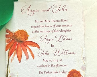 Aspen Flowers Wedding Invitations, ,custom, hand painted highlights, handmade paper, watercolor, 5 x 7