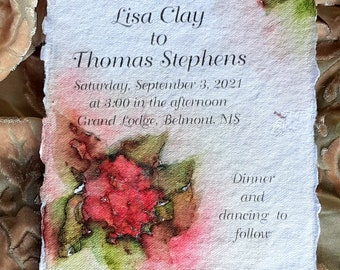 Pink Hydrangeas, Wedding Invitations, turquoise  and gold, custom wedding invitation, hand painted, handmade paper, watercolor, 5 x 7