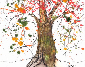 Blaze of Autumn Tree, 5 x 7" Print of watercolor