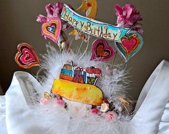 Happy Birthday  Tiara, glitz, cake, hearts, banner, feathers, party