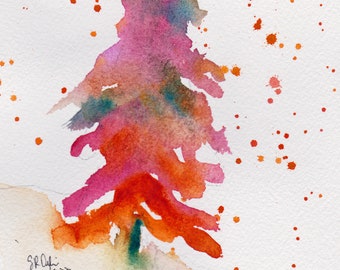 Pink and Persimmon Tree, 2022 5 x 7, Original watercolor, Tree Art