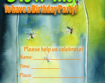 Birthday Party Invitations, Firefly, We're GLOW-ING to have a birthday party, 5 x 7, flat cards with envelopes