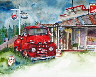 Patriot, Old truck and store, 8 x 10, print of watercolor