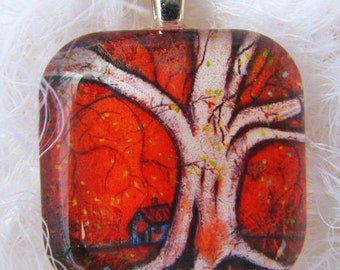 Hollow Tree, Art Pendant and Necklace, glass tile