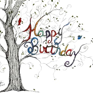 Happy Birthday Card, birds, single or set of 8, 4 x 6, blank inside image 1