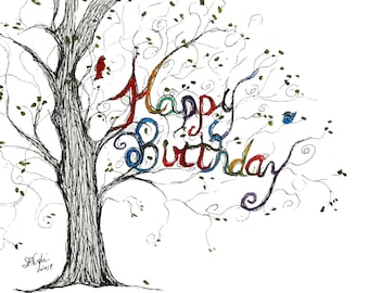 Happy Birthday Card, birds, single or set of 8, 4 x 6, blank inside