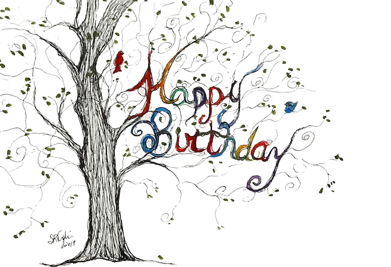Happy Birthday Card, birds, single or set of 8, 4 x 6, blank inside image 1
