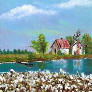 May include: A painting of a rural landscape with two houses, a pond, and a field of white cotton blossoms. The sky is blue with white clouds. The houses are painted in shades of red, white, and brown. The pond is a bright blue color. The cotton blossoms are white and fluffy.