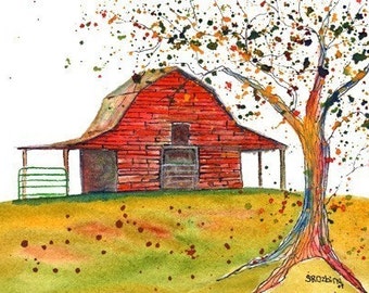 Weathered Red Barn, ACEO PRINT, signed