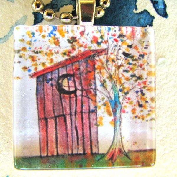 Outhouse Tree, glass tile, ART pendant, necklace