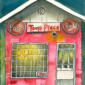 Tony's Place, Pool Hall, 5 x 7, ORIGINAL watercolor, framed image 1