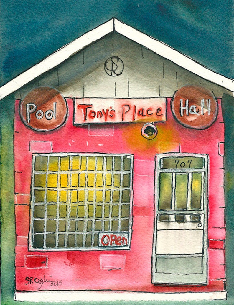 Tony's Place, Pool Hall, 5 x 7, ORIGINAL watercolor, framed image 1