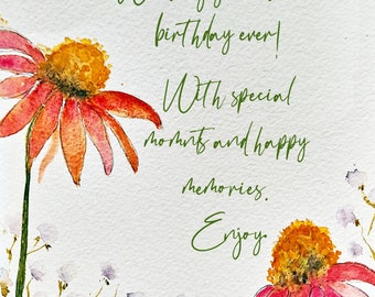 Happy Birthday Notecards, Coneflowers and good wishes, Set of 8, blank inside