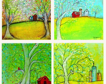 Set of 4 prints, Home Collection: Print Set of Mixed Media paintings,  (4) - 5 x 5" prints