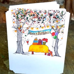 Happy Birthday! Boxed Assorted Notecard set, heavy cardstock, Boxed Set of 8, whimsical trees, barn, tent, poppies