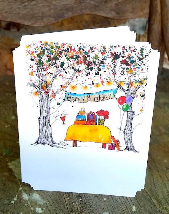 Happy Birthday! Boxed Assorted Notecard set, 4 x 6" size, Boxed Set of 8 or 16, whimsical trees, barn, tent, poppies