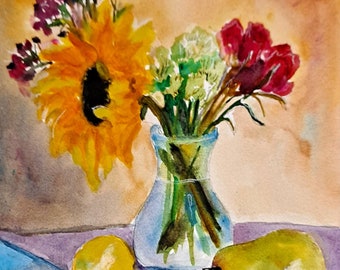 Flowers and Fruit, bright, colorful southern, painting, 11 x 14