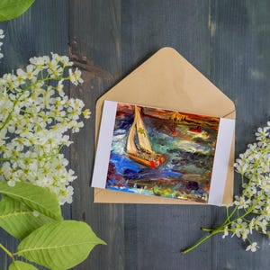 Cartão de felicitações em branco de veleiro em um mar tempestuoso feito de pintura a óleo original