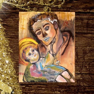 Carte de voeux vierge de Saint Antoine et de son enfant (série 2) fabriquée à partir d'une peinture à l'huile originale, saints catholiques