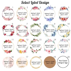 May include: Twenty different designs for wedding favor labels. The labels feature various floral wreaths, geometric frames, and a plain circle. The text on the labels reads "Sydney & Justin June 2, 2024". The last label is blank with the text "Your Custom Design & Logo".