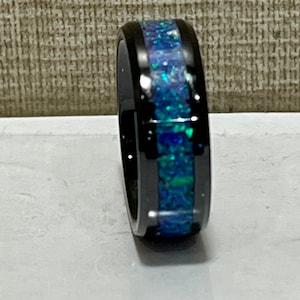 Black Ceramic Ring with Emerald Green Crushed Opal Inlay