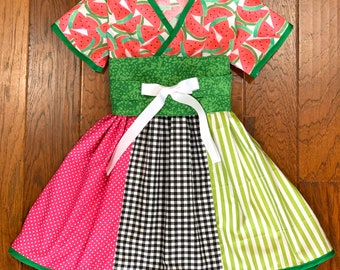 Kimono Inspired Watermelon Easter Dress, Picnic Dress, Birthdays, Mulan, Size 7