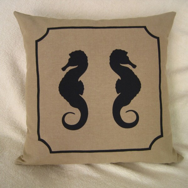 Seahorse Pillow Cover - Black on Tan - 18x18