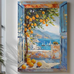 May include: Oil painting of a coastal scene with a view through a blue window. A tree laden with oranges is in the foreground, with several oranges on the ledge. The background shows a blue sea, white buildings, and sailboats.