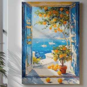 May include: An oil painting of a coastal scene framed by a blue window. The artwork features a potted orange tree, ripe oranges, and sailboats on a bright blue sea. The painting has a Mediterranean feel, evoking a sense of warmth and sunshine.