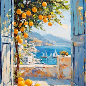 Open raam Henri Matisse-stijlafdruk, Fauvisme-schilderij in Matisse-stijl, moderne tentoonstellingsafdruk, openslaande deuren Griekenland, Griekse eilanden, citroenen