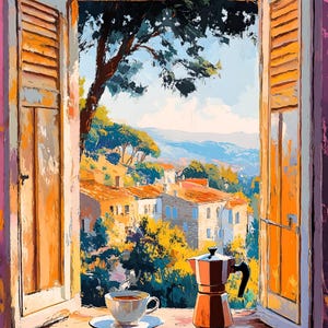 Puede incluir: Pintura impresionista de una ventana con contraventanas abiertas, que revela una vista panorámica de un pueblo europeo. Una taza de café y una cafetera italiana están en el alféizar. La paleta de colores incluye naranjas cálidos, rosas y azules.