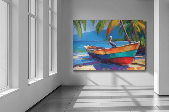 Caribbean Beach with Fishing Boat, Caribbean Wall Art, Jamaica Art Print, Painting of West Indies, Caribbean Wooden Boat, Beach Print Poster