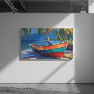 May include: A colorful painting of a boat on a beach. The boat is painted with orange, teal, and red stripes. A pelican is perched on the boat. Palm trees and blue water are in the background. The artwork is displayed on a white wall.