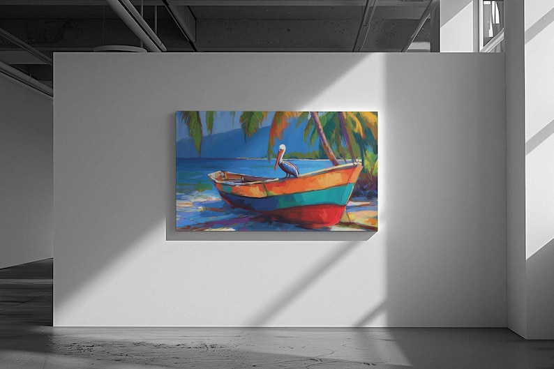 May include: A colorful painting of a boat on a beach. The boat is painted with orange, teal, and red stripes. A pelican is perched on the boat. Palm trees and blue water are in the background. The artwork is displayed on a white wall.