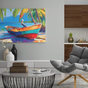 May include: Colorful painting of a boat on a beach with a pelican. The boat is painted in orange, teal, and red. Palm trees and blue water are in the background. The artwork is displayed on a wall in a living room setting.