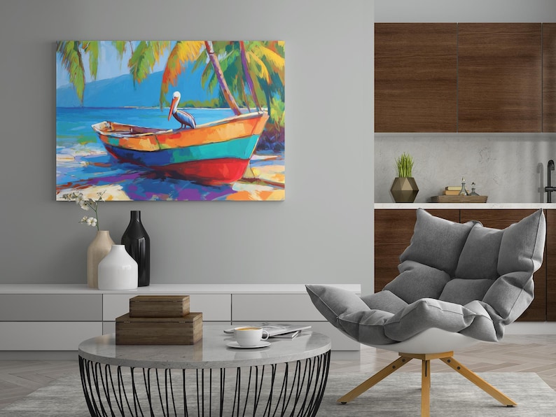 May include: Colorful painting of a boat on a beach with a pelican. The boat is painted in orange, teal, and red. Palm trees and blue water are in the background. The artwork is displayed on a wall in a living room setting.
